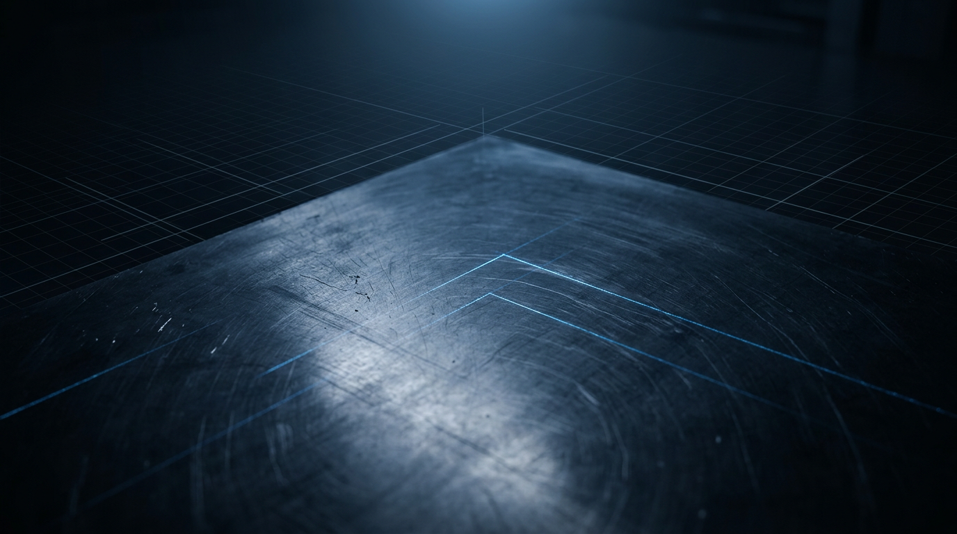 Dark industrial workspace with machined steel surface, overhead directional lighting with cool blue cast, subtle electric blue laser light tracing precise lines across the metal, faint geometric grid pattern in background.