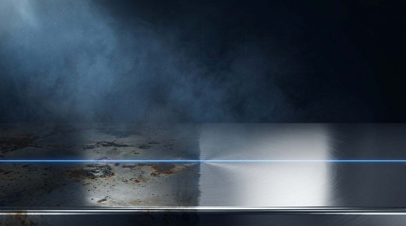 Dark industrial metal surface showing sharp contrast between pristine bare steel and oxidized buildup, divided by a glowing electric blue laser line.