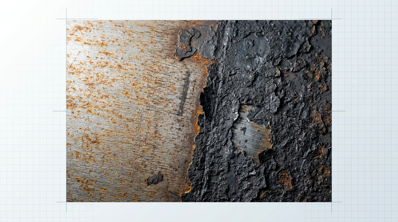 Close-up of steel surface showing sharp contrast between light surface rust on left side and thick dark mill scale on right side, with visible texture variation and material separation.