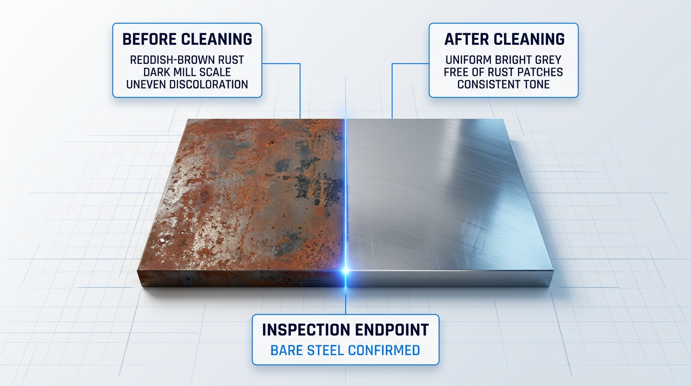 Steel workpiece divided vertically: left half shows reddish-brown rust and mill scale; right half shows uniform bright metallic grey after laser cleaning, with electric blue glowing line marking the cleaned boundary.