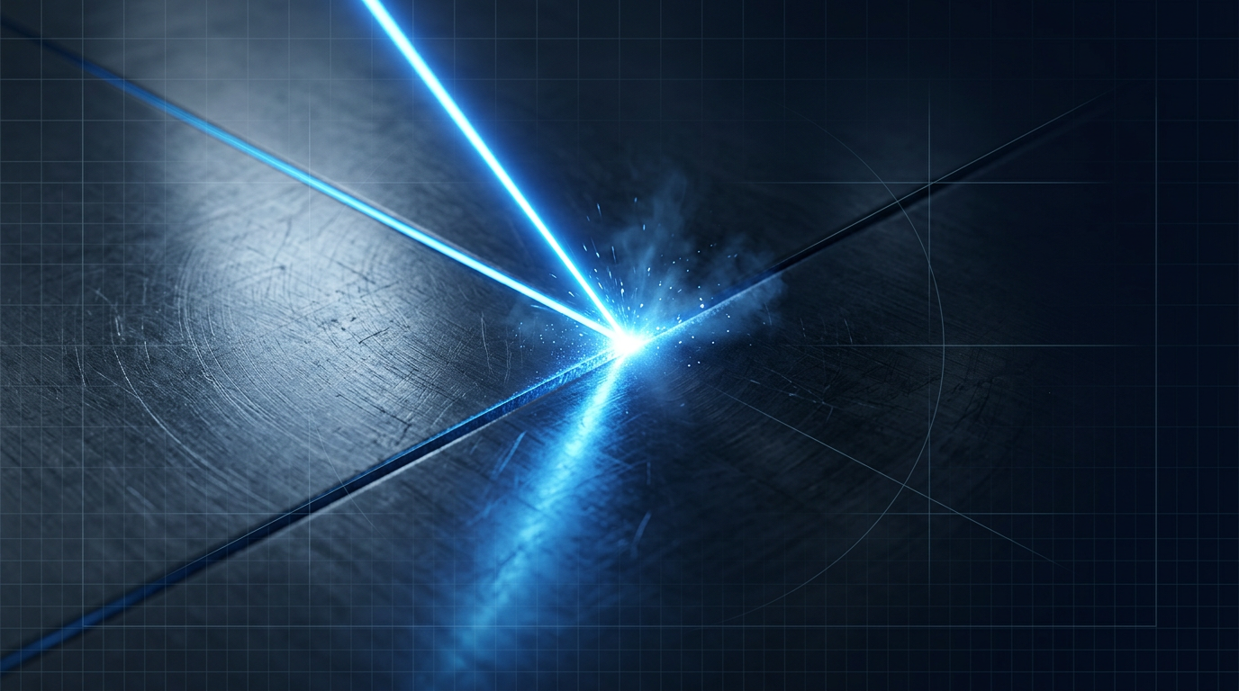 Close-up of electric blue laser beam cutting across polished dark metal surface with glowing contact point and subtle particle ablation, deep navy background with faint geometric grid overlay.