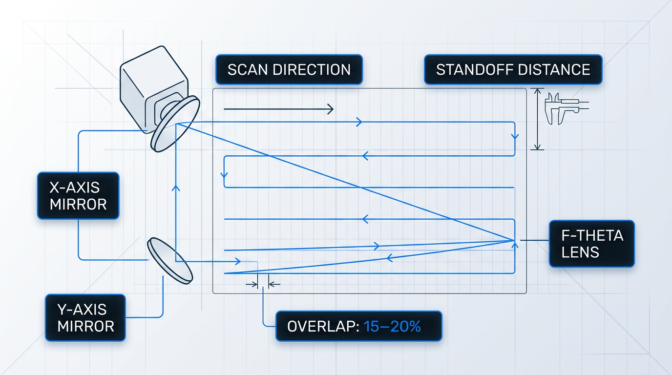 Technical diagram of galvanometer scanner showing two rotating mirrors deflecting laser beam across rectangular scan field with four overlapping horizontal scan lines, labeled callouts for scan direction, standoff distance, and 15-20 percent overlap percentage.