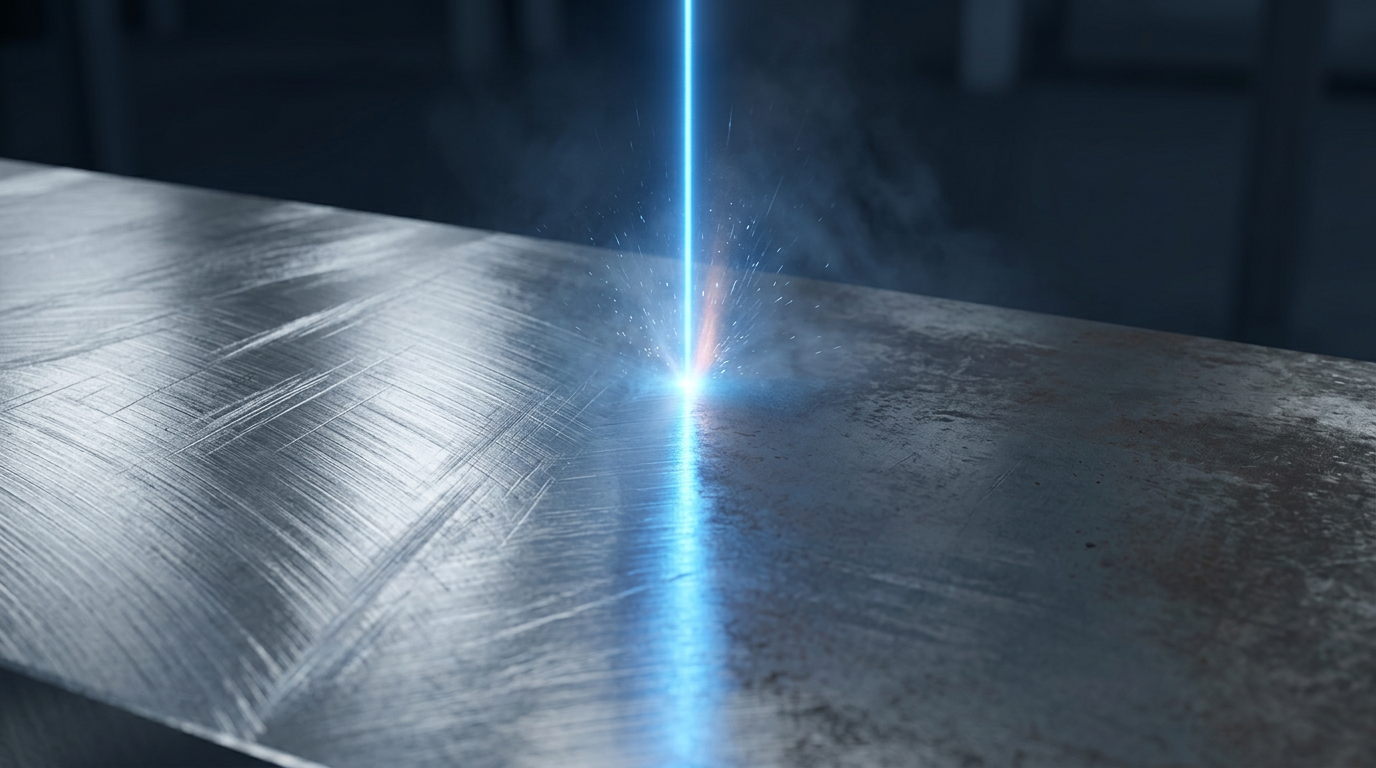 Close-up of polished metal surface with machining marks transitioning from pristine reflective finish to oxidized area, electric blue laser glow at the dividing line suggesting active cleaning process.