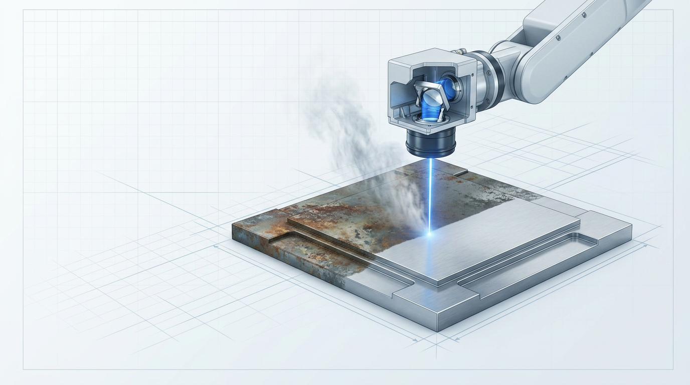 Laser cleaning head positioned over a contaminated metal surface with visible ablation plume, showing stark contrast between oxidized material on the left and cleaned bare metal on the right where the electric blue laser beam makes contact.