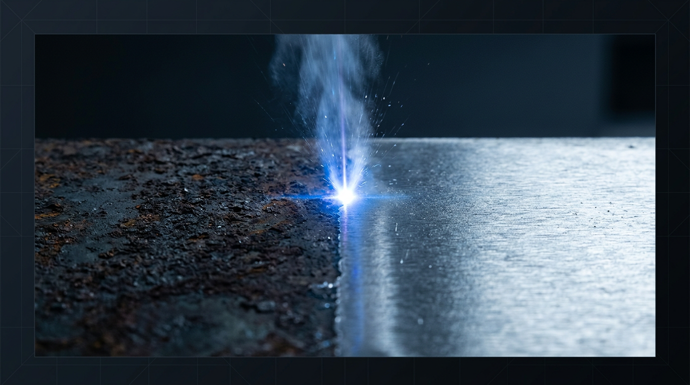 Laser beam striking rust-covered steel surface with luminous ablation plume rising from contact point; stark contrast between dark corroded area ahead and bright bare metal revealed behind.