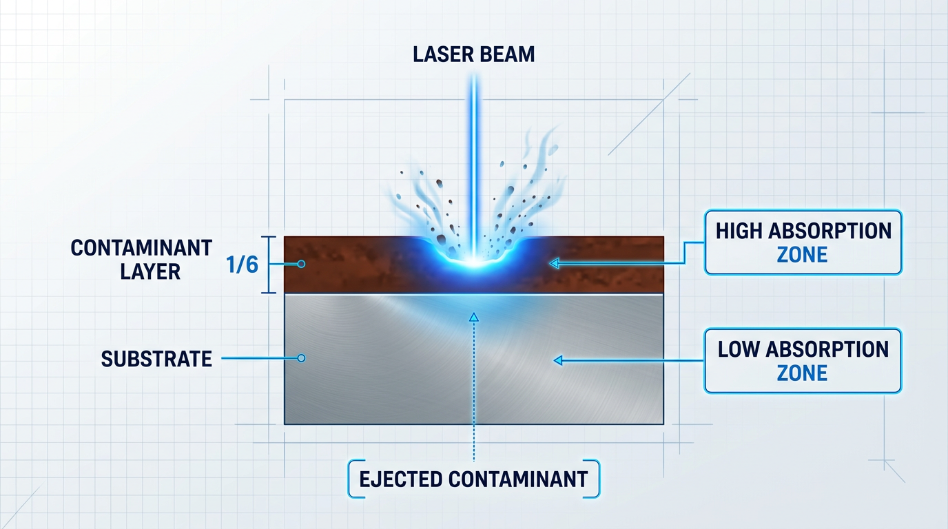 Cross-section schematic of laser cleaning showing laser beam striking contaminated layer with high absorption (glowing electric blue with ejected particles) above an intact substrate with low absorption.