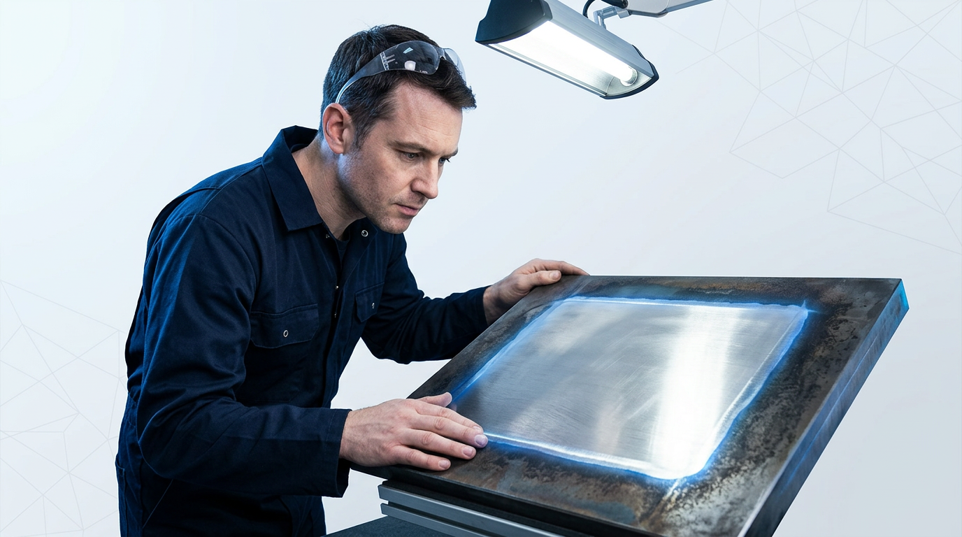 Technician in navy coveralls closely inspecting a freshly laser-cleaned metal surface under bright directional work lighting, examining the uniform bright metallic finish at the treatment boundary.