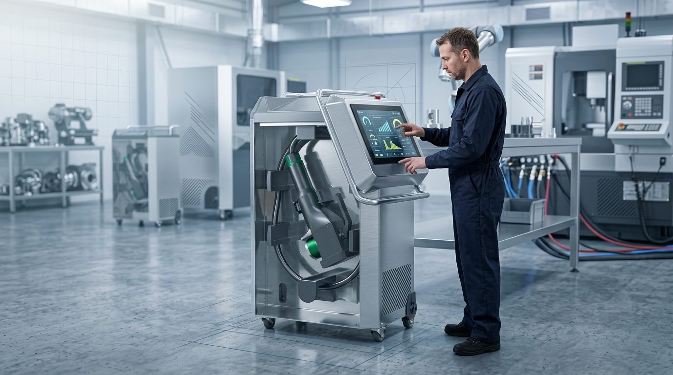 Industrial technician in dark navy coveralls concentrating on a laser cleaning system's touchscreen control panel in a bright workshop, adjusting power level and pulse frequency parameters before a cleaning operation.