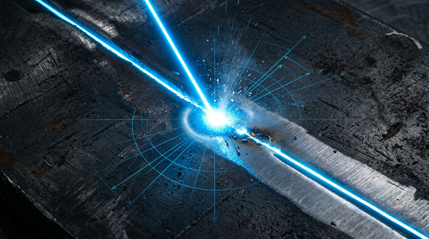 Close-up of dark industrial metal surface with bright electric blue laser beam cutting diagonally across, creating sharp ablation line with glowing contact point and particle ejection.