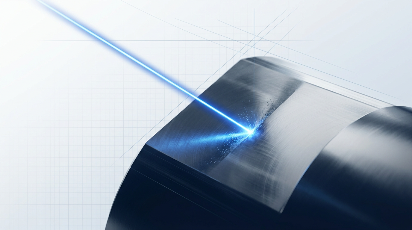 Close-up of focused electric blue laser beam interacting with polished metal surface, showing ablation glow at contact point against light gradient background with faint engineering grid pattern.