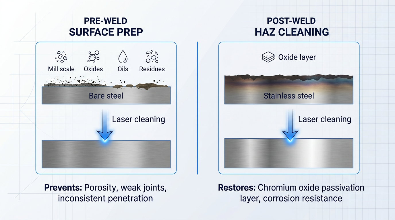Two-column comparison showing pre-weld and post-weld laser cleaning: left column displays contamination removal (mill scale, oxides, oils) preventing porosity and weak joints; right column shows HAZ oxide removal restoring chromium oxide passivation layer for corrosion resistance.