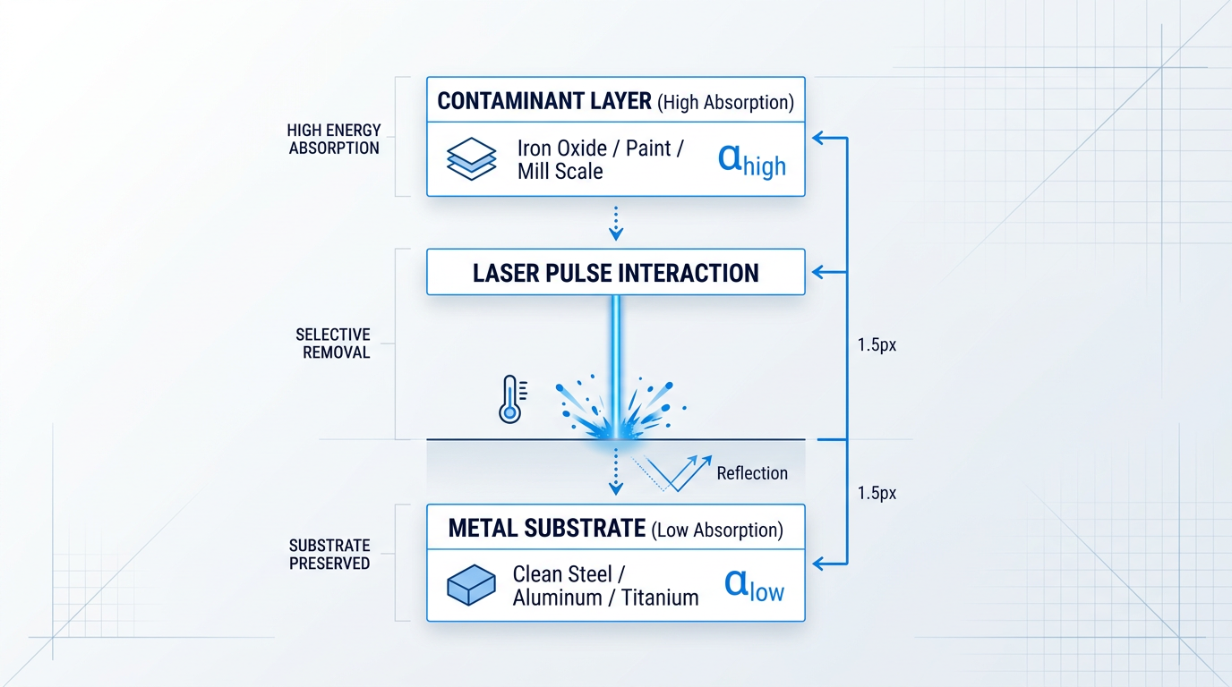 Three-layer infographic showing differential absorption in laser cleaning: contaminant layer (high absorption, iron oxide/paint) at top with α_high coefficient, laser pulse striking middle section with ablation particles, metal substrate (low absorption, steel/aluminum) at bottom with α_low coefficient and reflection arrows.