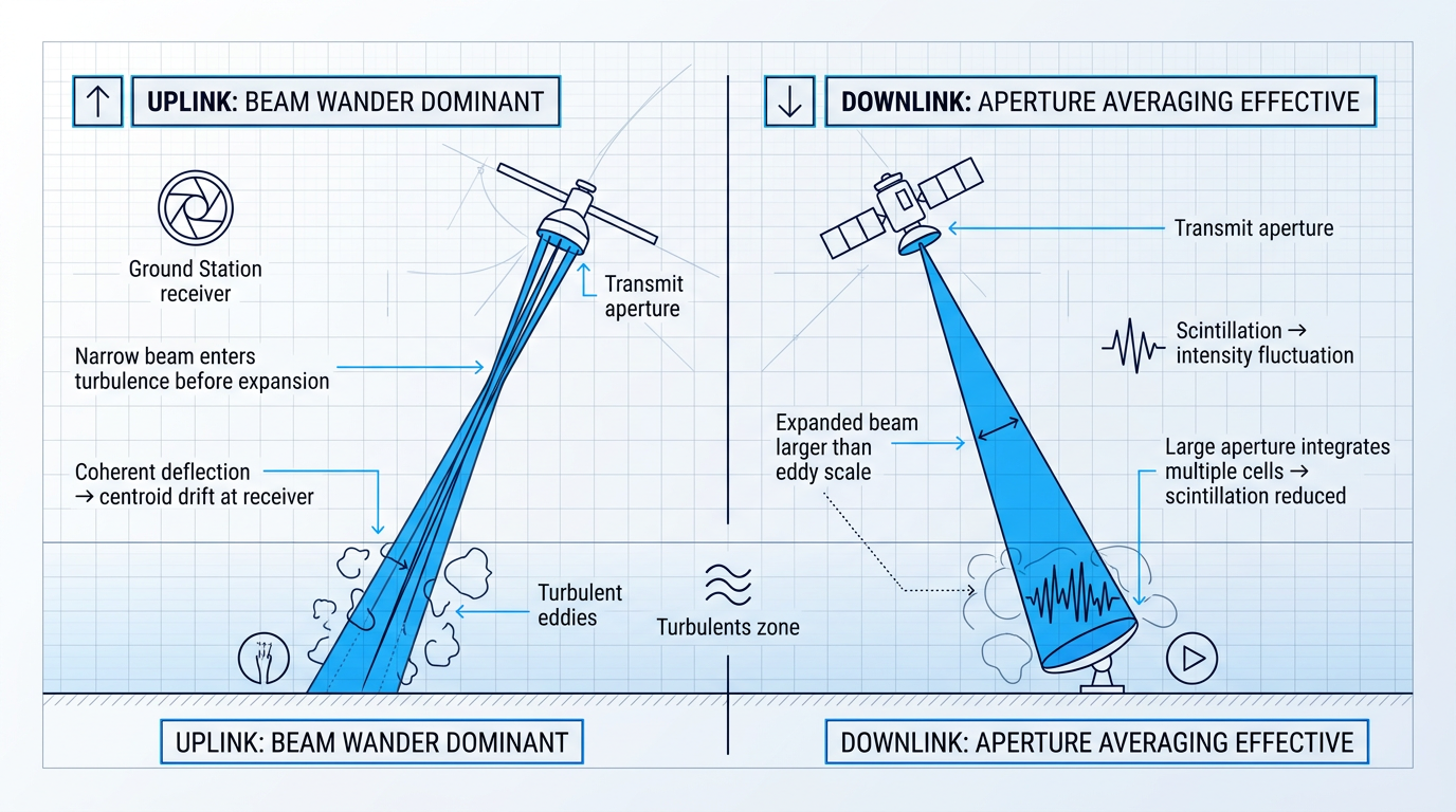 Two-column comparison diagram showing uplink beam wander versus downlink aperture averaging in atmospheric turbulence, with narrow beam deflection on left and expanded beam integration on right.