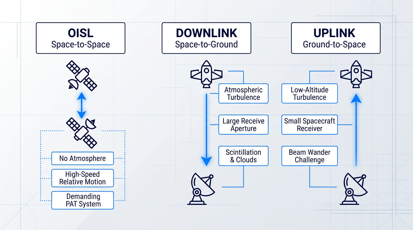 Three-segment lasercom architecture diagram showing OISL space-to-space links with bidirectional satellites, downlink beam from spacecraft to ground station, and uplink beam from ground station to spacecraft, each with key environmental and operational constraints labeled.