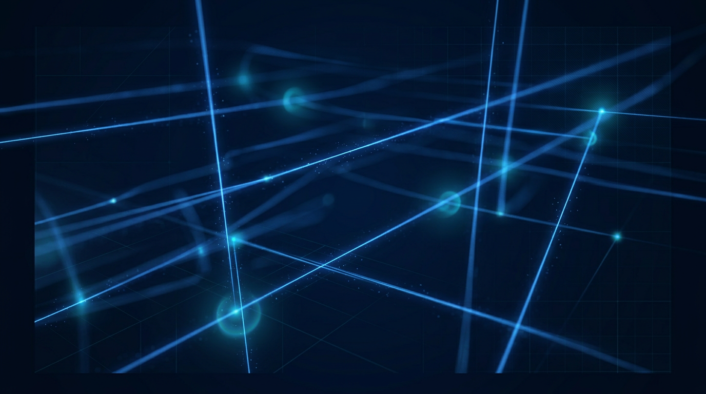 Abstract laser beam paths glowing electric blue through dark navy laboratory environment with geometric grid overlay and particle scatter effects.