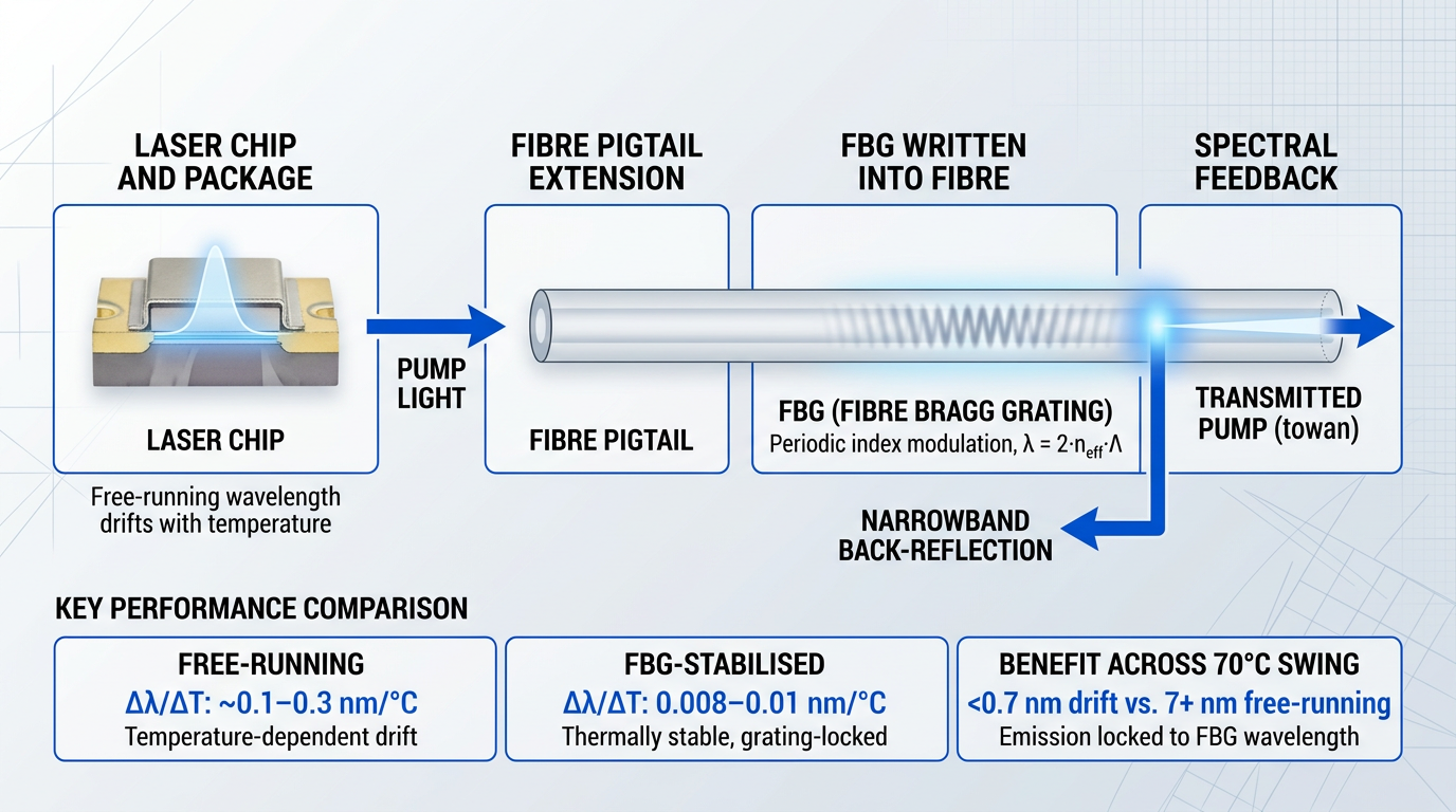 Technical infographic showing FBG stabilization mechanism: laser chip package on left with free-running wavelength drift label, fibre pigtail extending center with periodic FBG grating pattern, narrowband back-reflection arrow curving back to laser chip, transmitted pump light continuing right toward EDFA, and bottom comparison grid showing free-running drift of 0.1–0.3 nm/°C versus FBG-stabilized 0.008–0.01 nm/°C sensitivity.