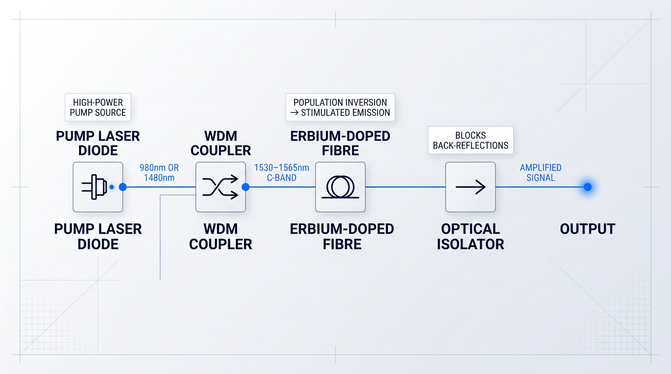 EDFA signal flow diagram showing pump laser diode feeding into WDM coupler, combining with signal light into erbium-doped fibre with optical isolators at input and output, amplified signal emerging right.