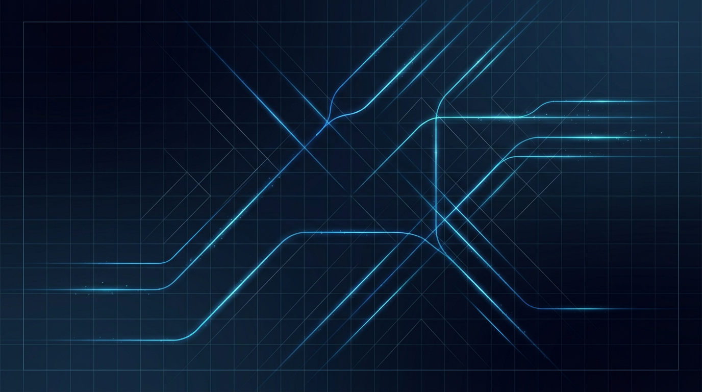 Dark technical environment with glowing electric blue fibre optic strands and laser light paths intersecting across a deep navy background with subtle geometric grid pattern