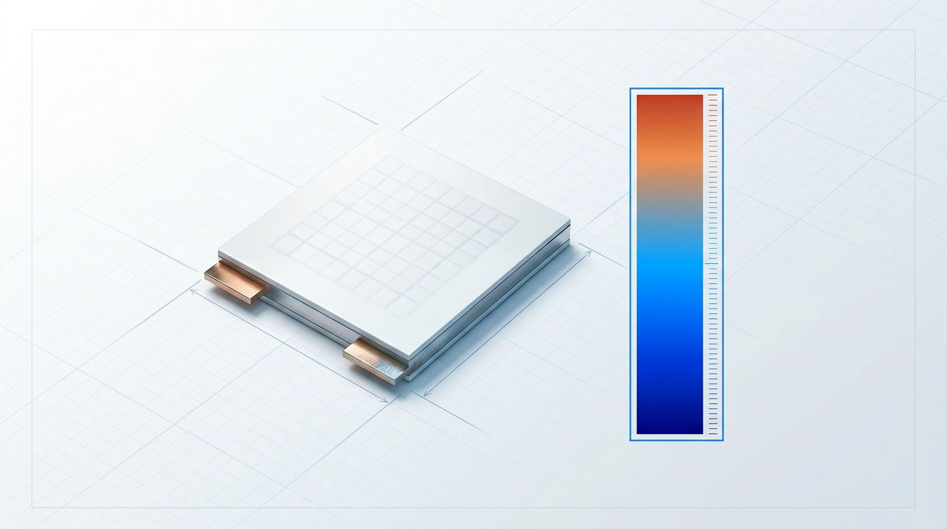 Thermoelectric cooler module with adjacent temperature gradient bar showing controlled thermal setpoint versus wide ambient temperature range.