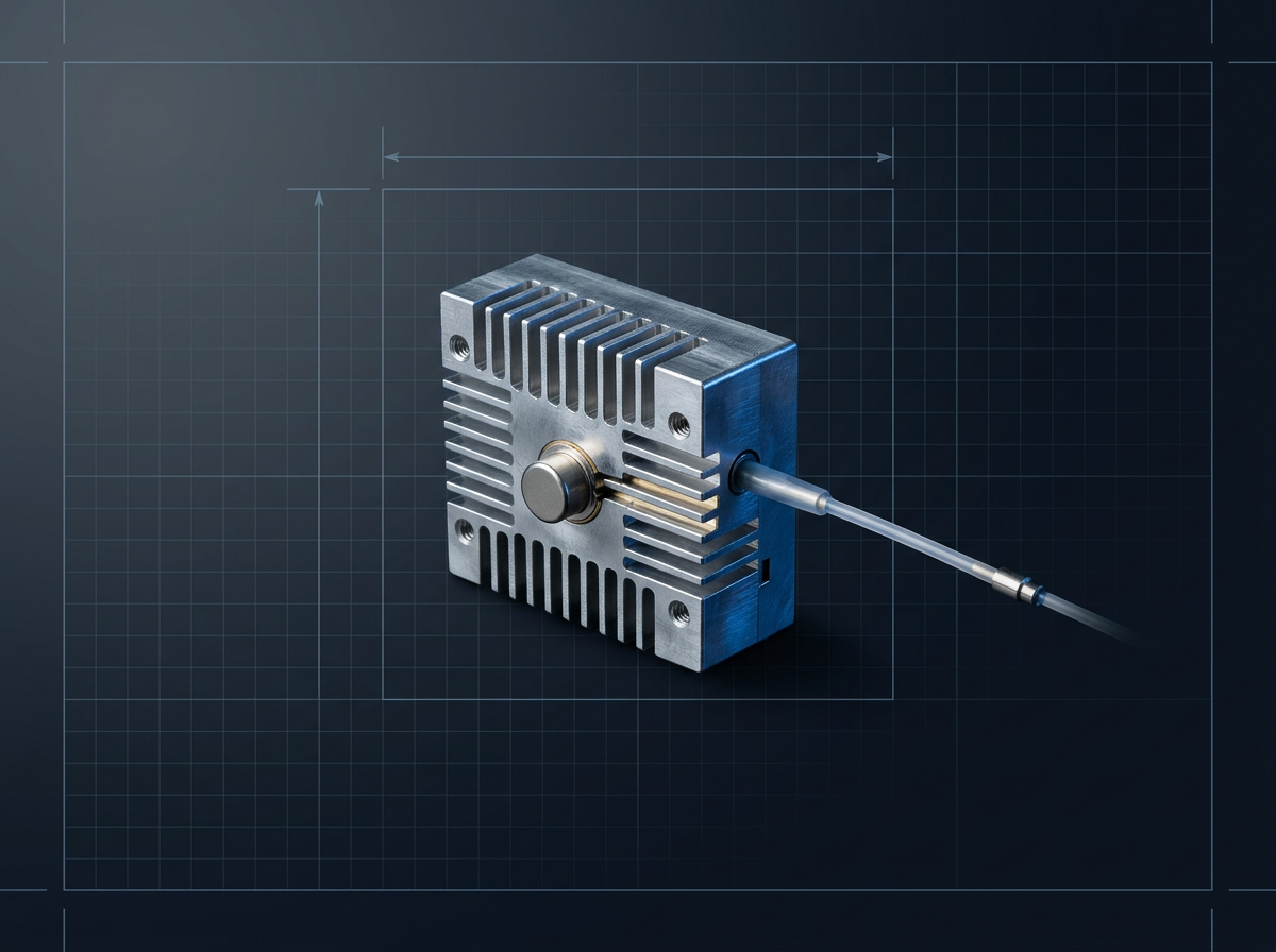 Fibre-coupled single-emitter pump laser module mounted on finned aluminium heatsink, with optical fibre pigtail exiting from one end, demonstrating passive conduction cooling integration.