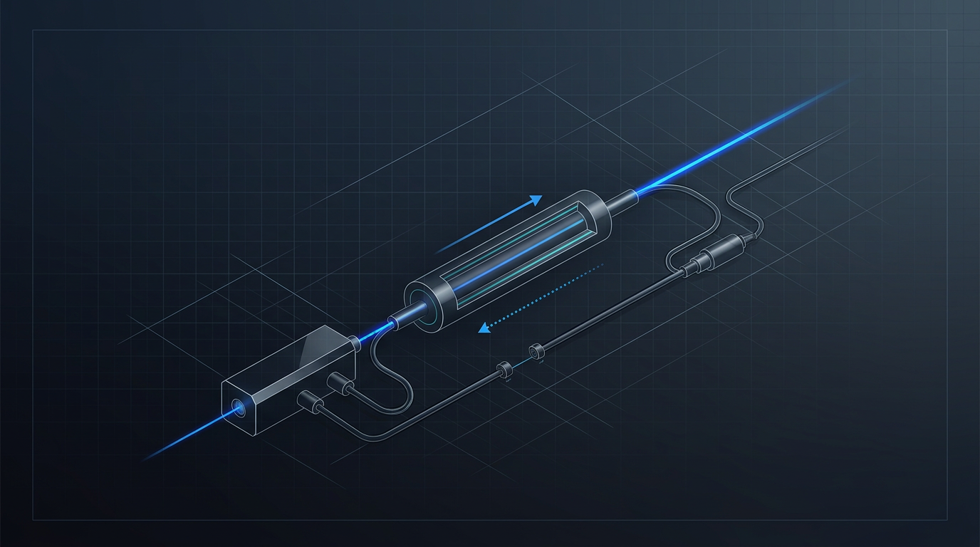 Abstract schematic of EDFA pump laser-to-signal chain with pump source on left emitting electric blue beam into central erbium-doped fibre, signal path entering and exiting at amplified intensity, directional arrows indicating co-propagating and counter-propagating pump paths.