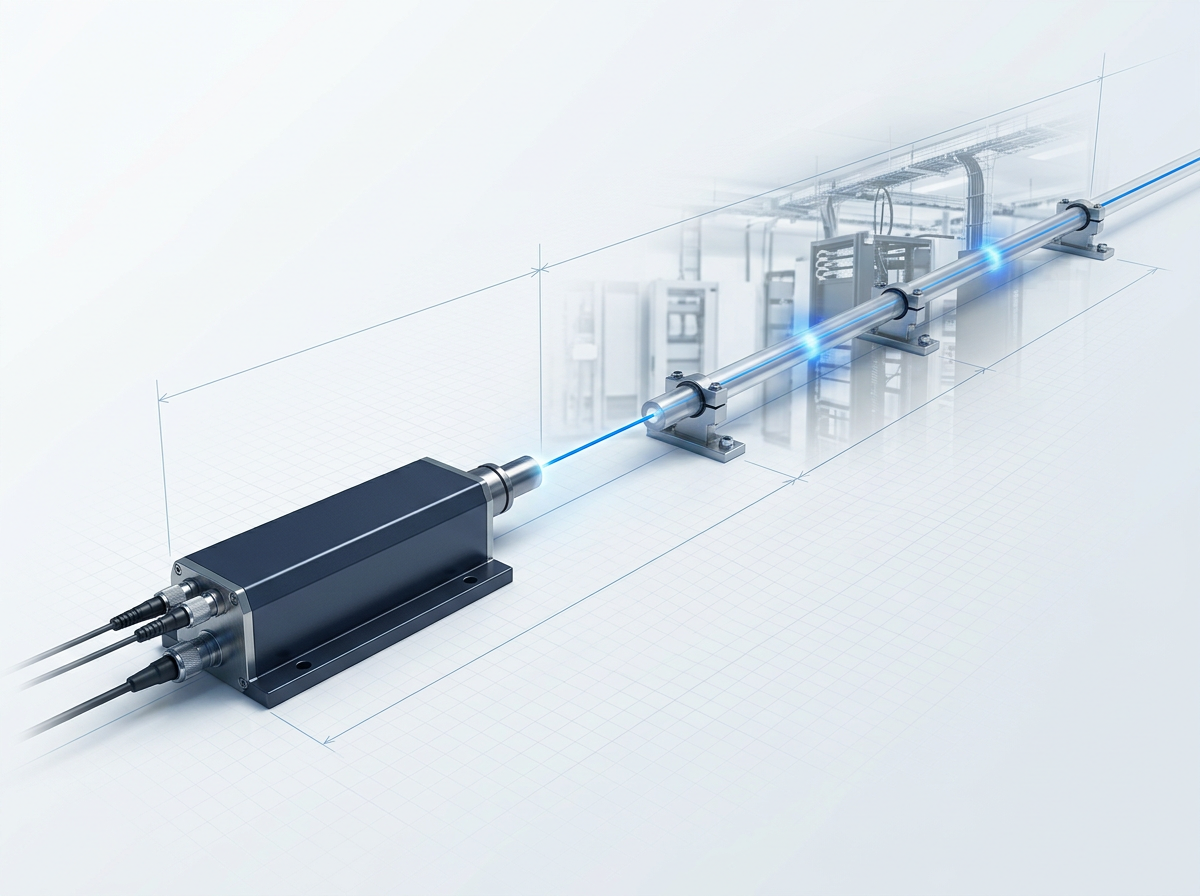 Pump laser module with electric blue light tracing along optical fibre span showing distributed Raman amplification zones in industrial telecom facility.