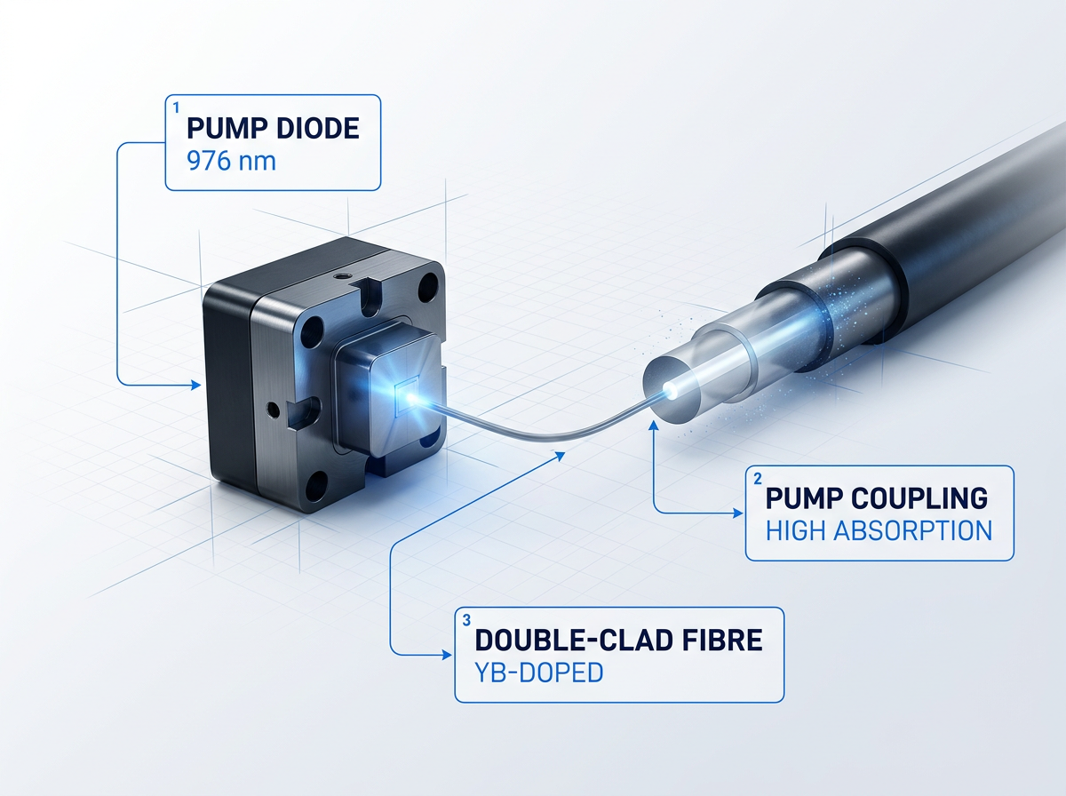 Photorealistic 976 nm ytterbium fibre laser pump assembly showing semiconductor pump diode emitting blue light into a double-clad fibre coupler with labeled components and connector lines.