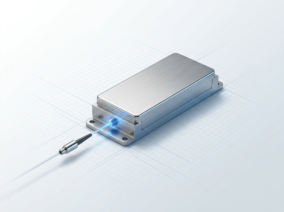 Hermetically sealed butterfly pump laser module with rectangular metal package and fiber pigtail connector, positioned against light gradient background with subtle blue accent glow at laser junction.