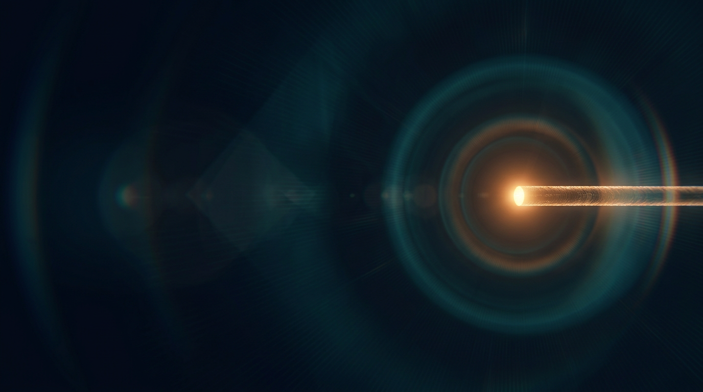 Abstract laser light propagating through optical fibre core, glowing with warm amber and deep teal halos radiating outward, with subtle lens-flare effects and fine fibre-strand detail against dark navy background.