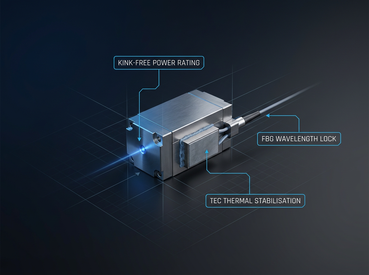 Fibre-coupled butterfly pump laser module with three annotated technical features: kink-free power rating at the laser facet, FBG wavelength lock on the fibre pigtail, and TEC thermal stabilisation on the module body.
