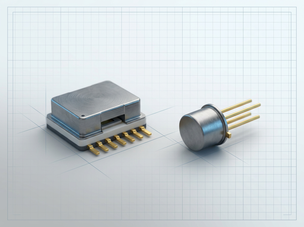 Two compact laser diode packages side-by-side: 10-pin mini-butterfly module on left, 3-pin ultra-compact module on right, demonstrating miniaturization progression in pump laser component design.