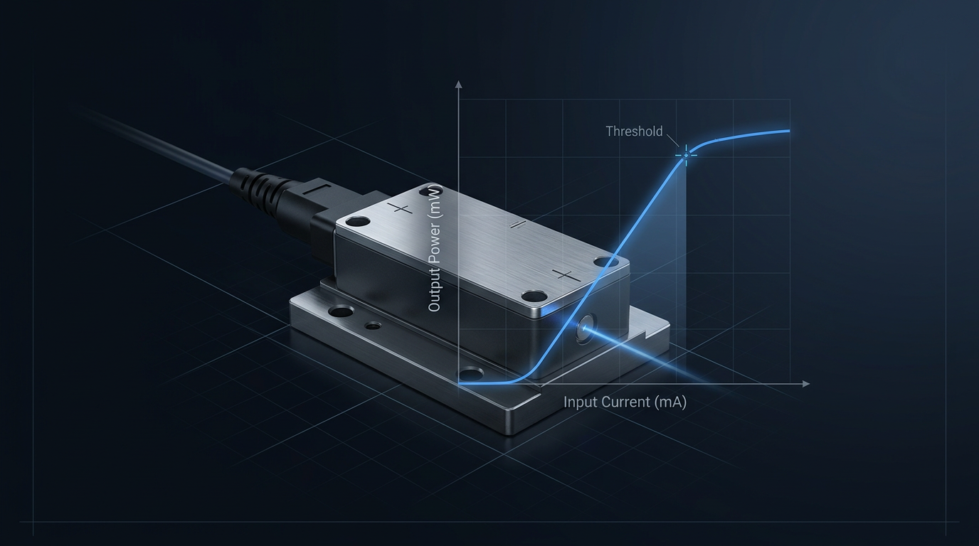 Pump laser diode module with brushed steel housing mounted on precision optical bench, overlaid with electric blue L-I curve graphic showing linear operating region and kink threshold point.