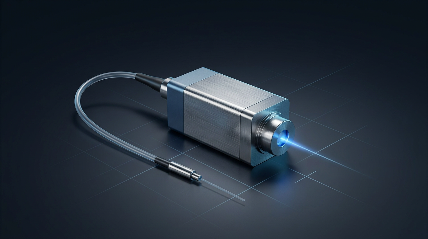Fibre-pigtailed pump laser diode module with metallic housing and optical fibre pigtail, electric blue glow at the laser output facet against a dark navy gradient background with faint grid overlay.