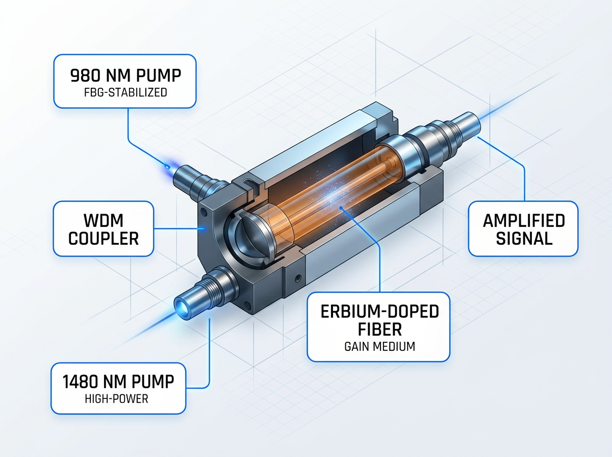 EDFA schematic showing 980 nm and 1480 nm pump laser inputs entering a WDM coupler, signal path through erbium-doped fiber gain medium, with annotated labels and connector lines identifying each component.