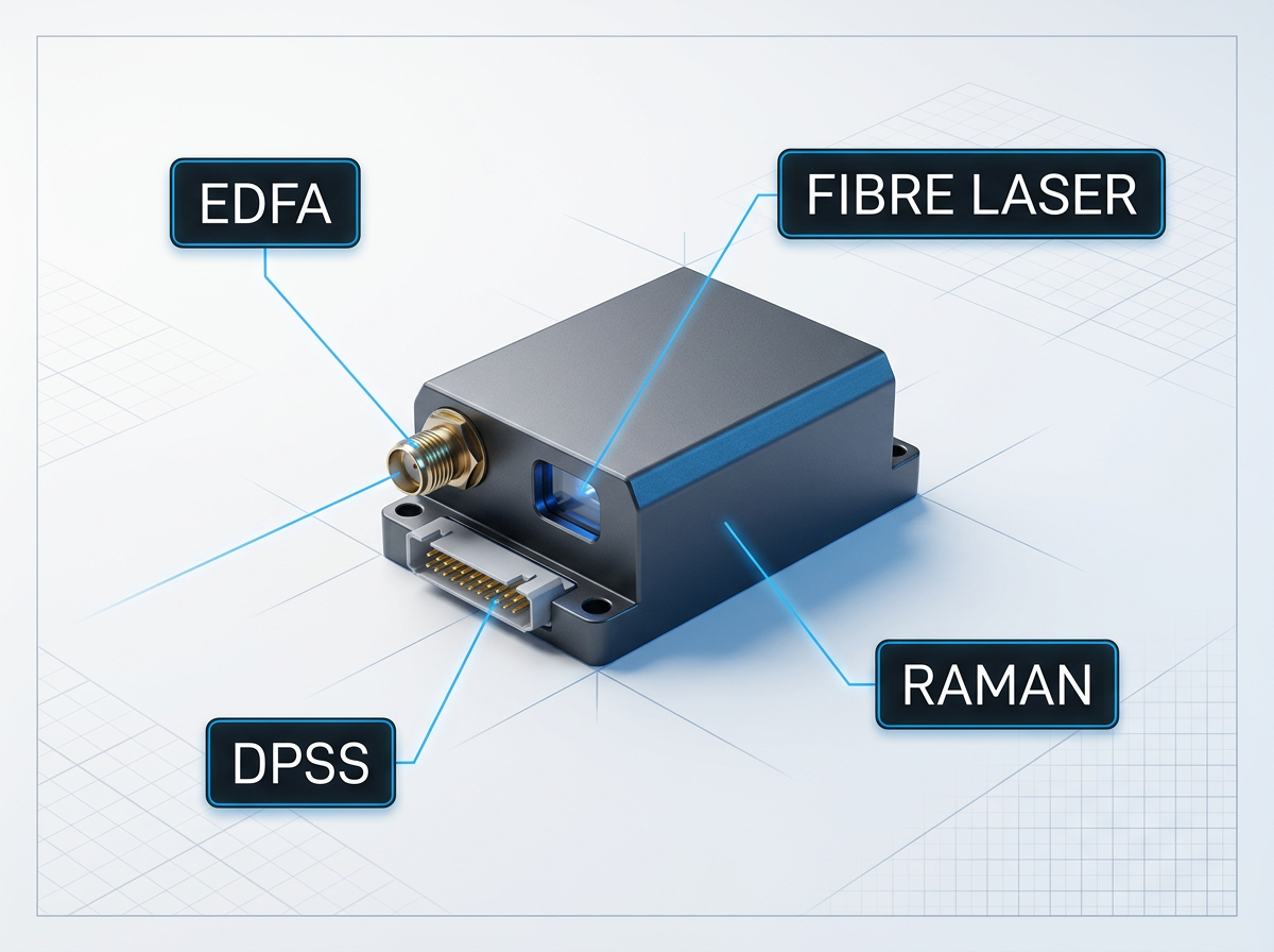 Pump laser diode module with four application labels (EDFA, Fibre Laser, Raman, DPSS) connected by blue lines to different component ports and features of the device.