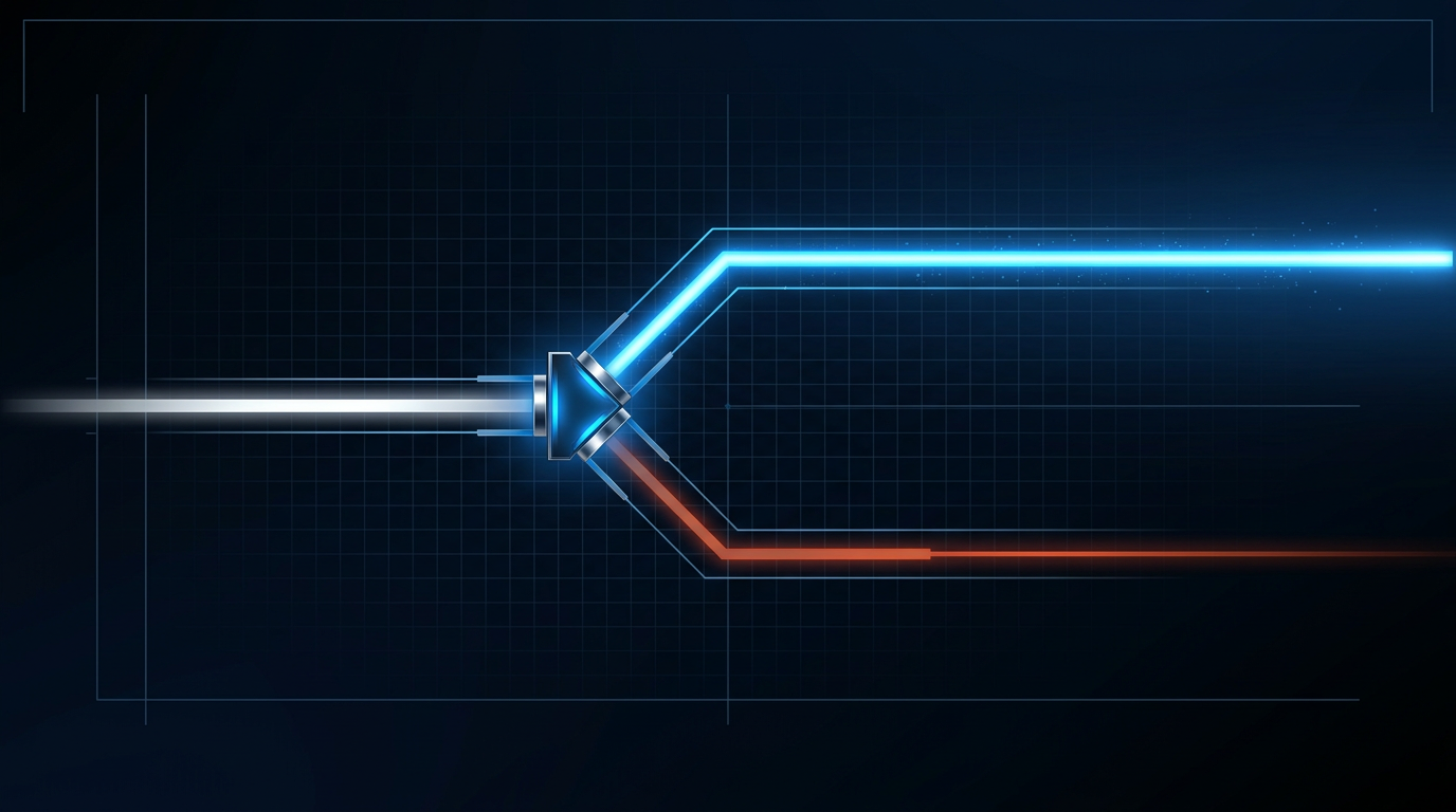 Abstract power flow diagram on dark background showing electrical input splitting into bright blue optical output pathway and dimmer orange-red waste heat output, with optical flow dominating the composition.
