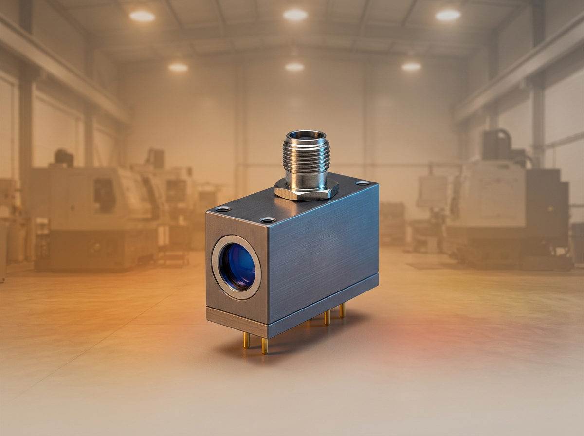 Air-cooled pump diode module with aluminum heatsink and fiber optic connector, positioned on industrial workshop surface with warm ambient lighting.
