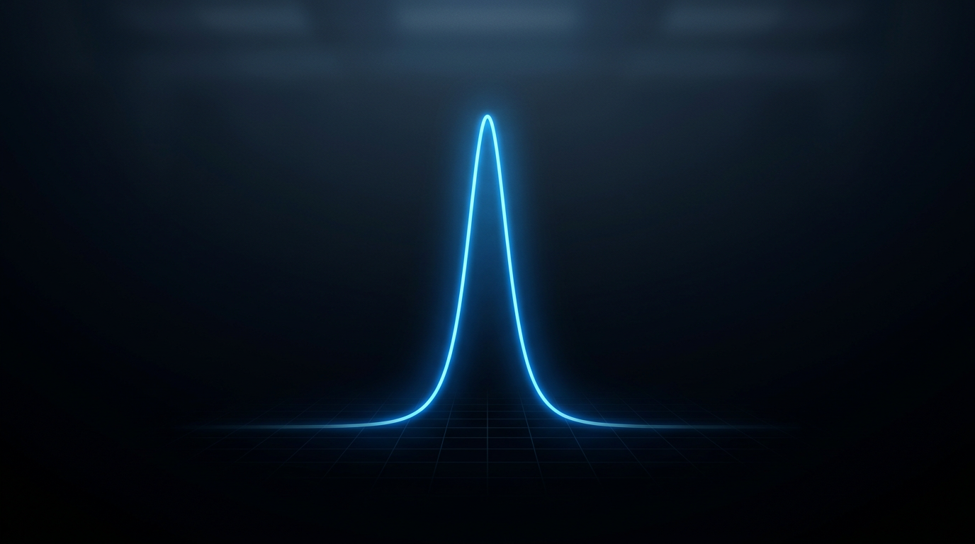 Sharp electric blue spectral peak glowing against dark navy background, representing narrow-linewidth laser diode output with sub-nanometer FWHM linewidth.