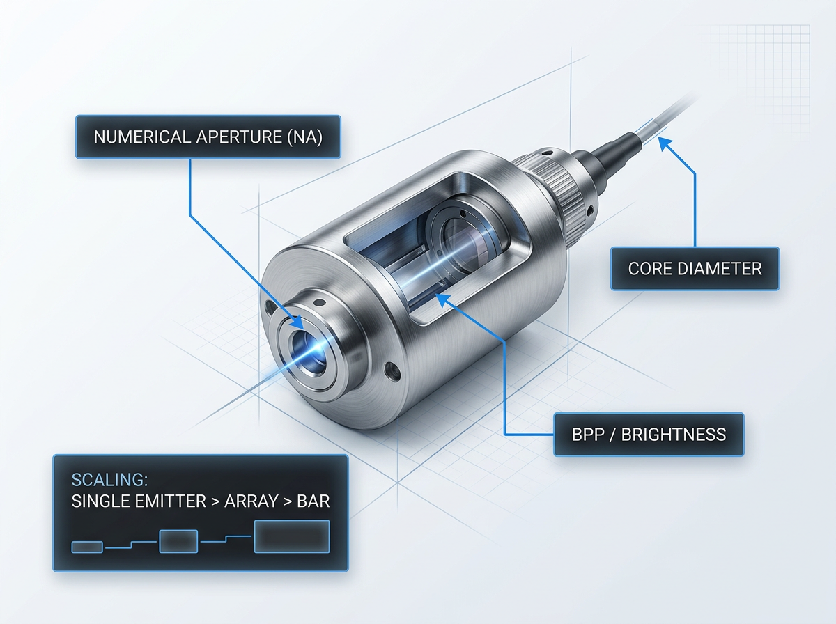 Fibre-coupled pump diode module with four technical annotations: numerical aperture pointing to fibre interface, core diameter at fibre tip, BPP/brightness along beam path, and scaling hierarchy from single emitter to array to bar configuration.