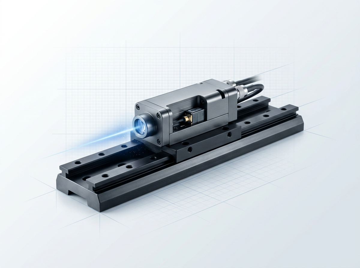 Precision solid-state DPSS laser system mounted on optical bench with machined aluminium housing, collimating lens, and 808 nm pump diode module integrated into dark gunmetal laser head on anodised black rails.