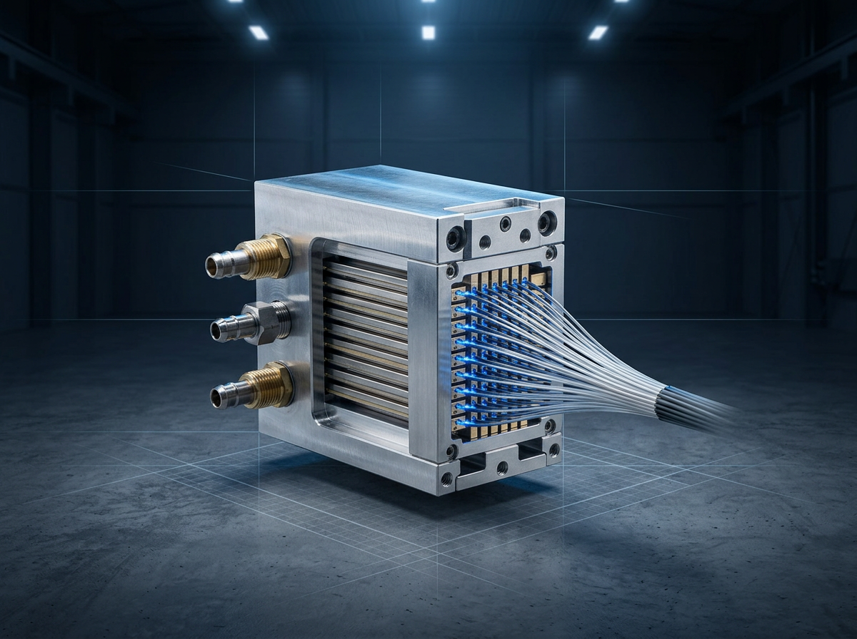 Water-cooled diode bar stack module with stacked laser diode elements, side-mounted water inlet and outlet fittings, and multi-fibre optic bundle exiting the front face on dark industrial background.
