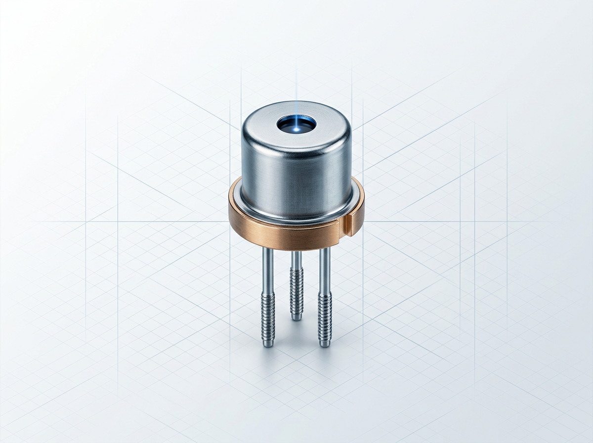 Cylindrical TO-can laser diode package with polished metal header and three precision pins, centered on light grey technical background with studio lighting.