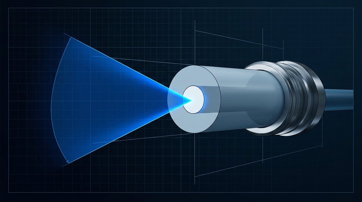 Cross-sectional schematic of optical fibre coupling showing pump laser beam cone entering fibre core with numerical aperture geometry and core diameter relationship.