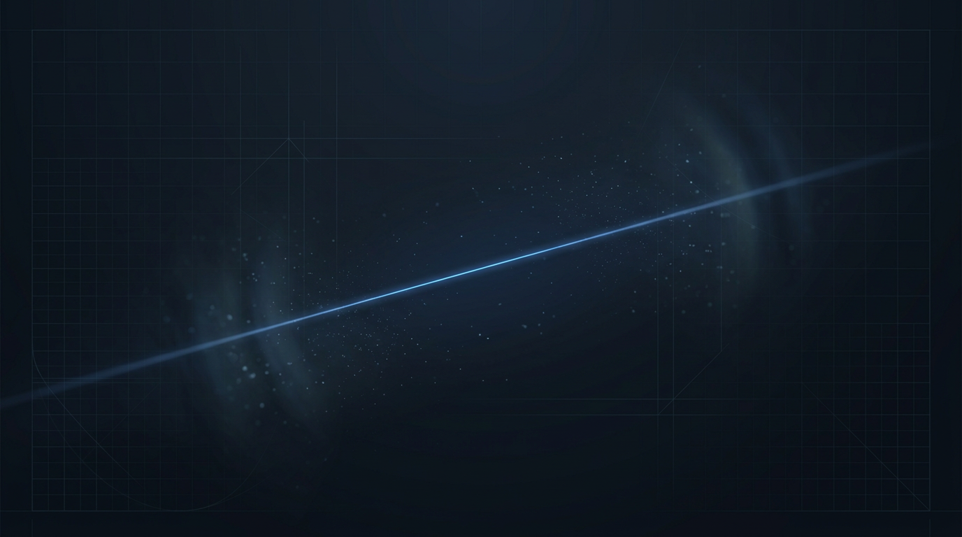 Dark industrial environment with electric blue laser beam cutting through atmospheric particle scatter, evoking precision 1550 nm eye-safe laser technology with subtle geometric grid patterns and technical construction lines.