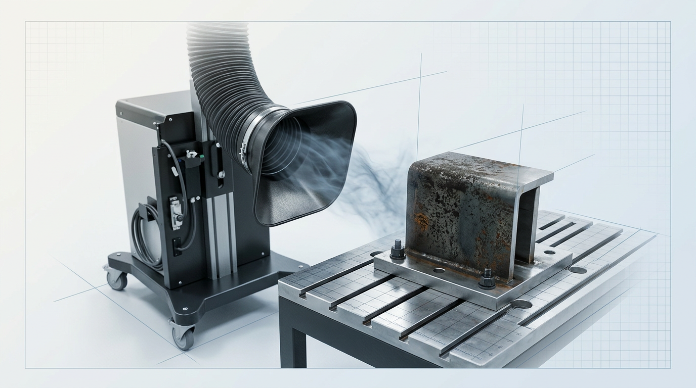 Industrial workshop with stainless steel workpiece showing rust oxidation, positioned adjacent to local exhaust ventilation hood capturing a faint plume of iron oxide particulates being drawn away from the ablation zone.