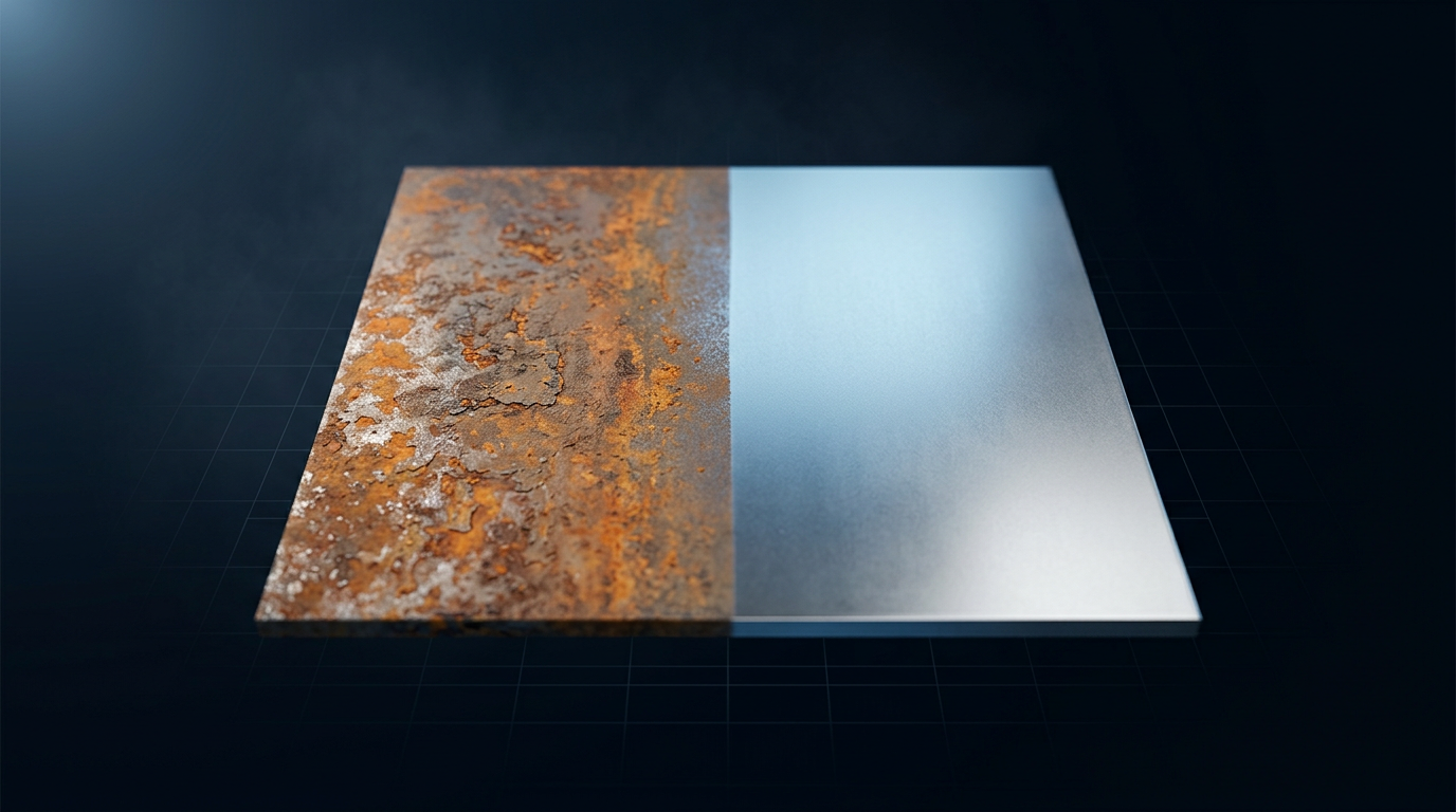 Close-up of steel surface split vertically: left side shows orange-brown rust and scale with rough texture; right side displays bright, uniform metallic finish from laser cleaning.
