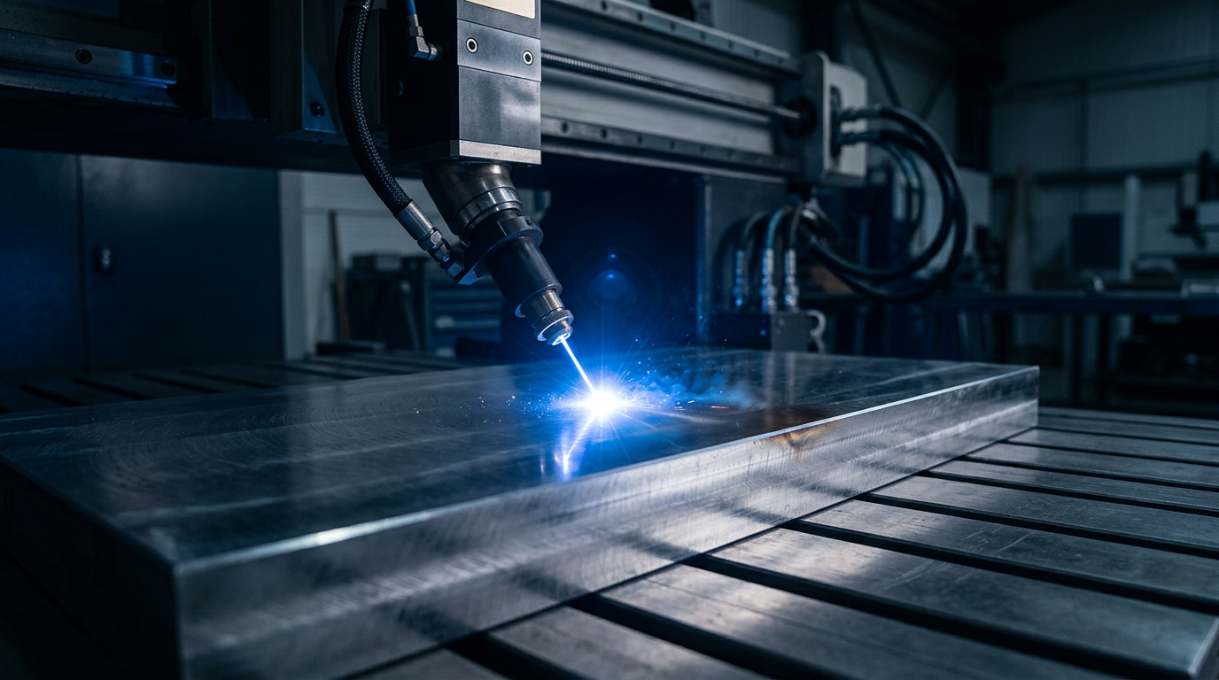 Close-up of electric blue laser beam striking polished metal surface in darkened industrial workshop, with subtle glow at contact point and machining texture visible in cool directional lighting.