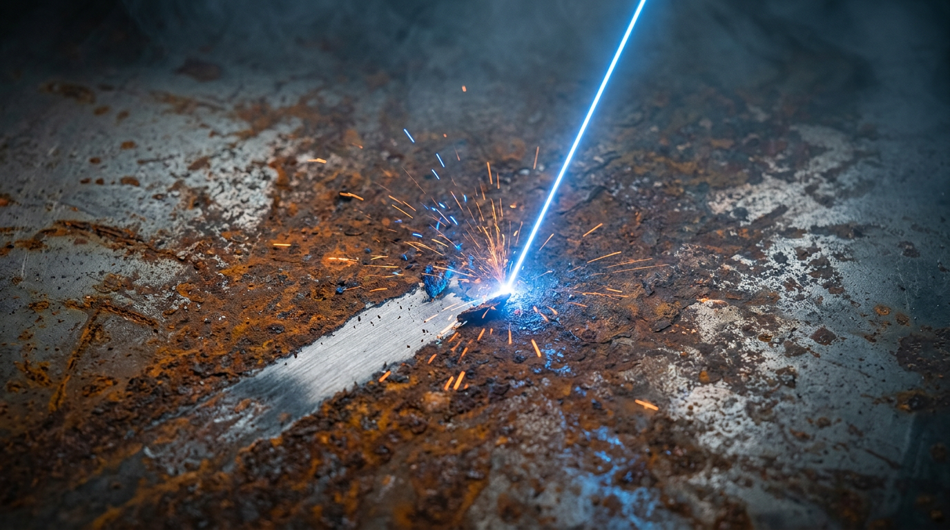 Industrial laser beam striking corroded metal surface in workshop, ablating rust to reveal clean silver-grey material beneath, with electric blue glow at contact point.
