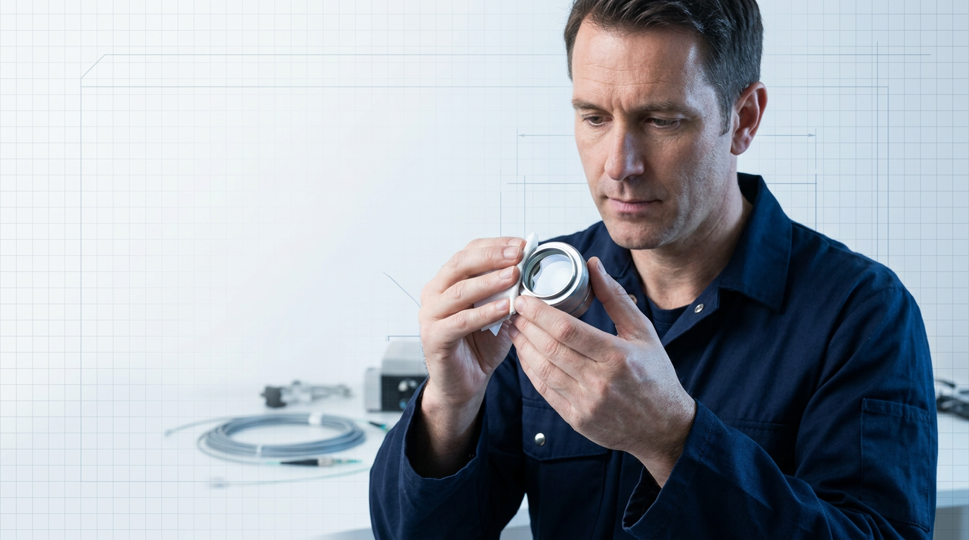 Technician in dark coveralls carefully inspecting a protective optical window component using lens tissue, demonstrating routine maintenance of a laser cleaning system.