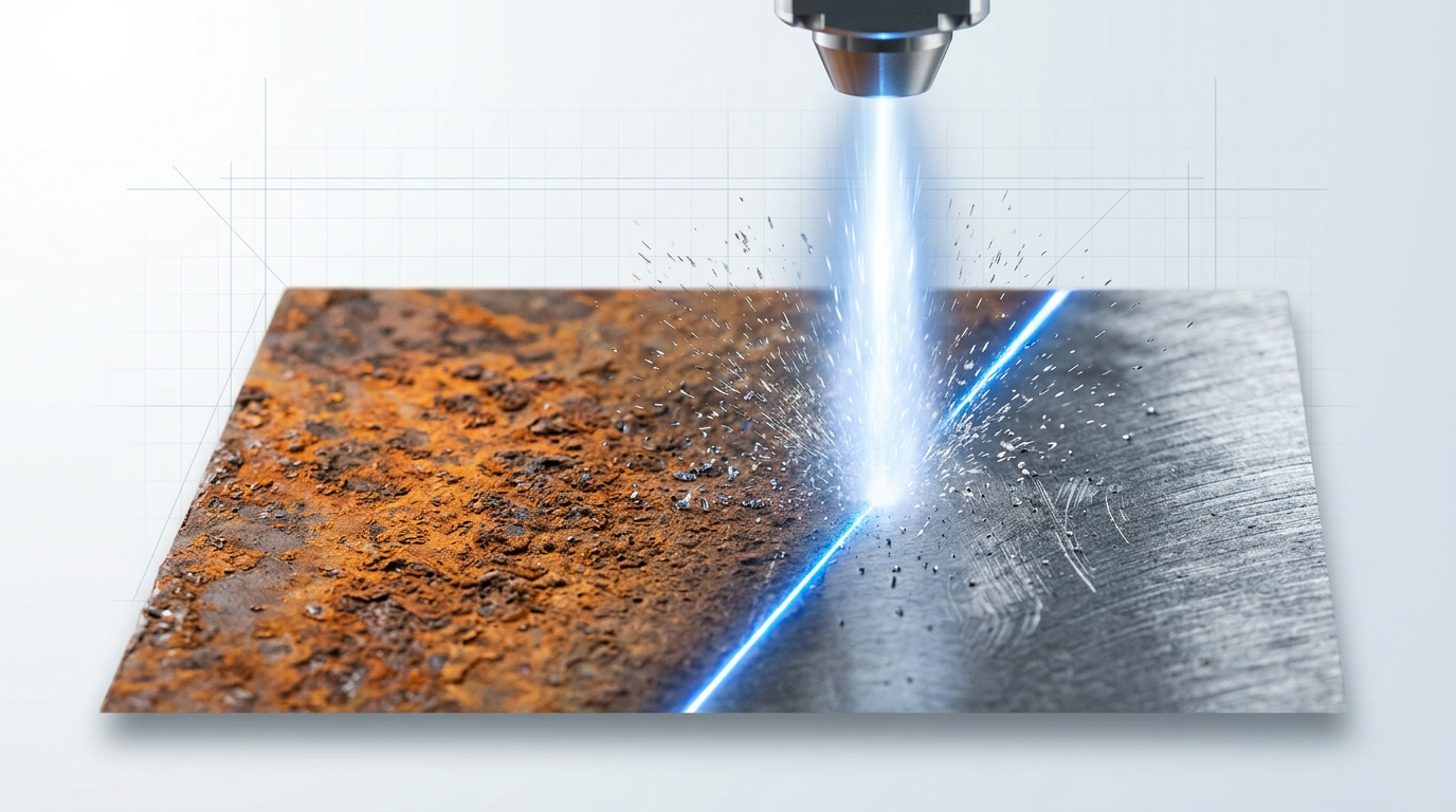 Close-up of corroded steel surface during laser cleaning, showing rust-covered orange-brown metal on left transitioning to clean metallic grey on right, with bright electric blue laser line and white-blue plasma plume rising from the ablation zone.